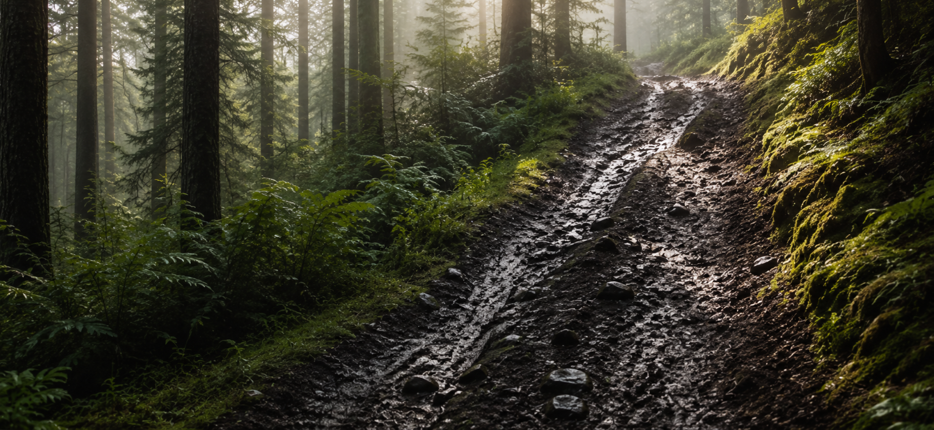 Misty forest singletrack trail with lush green ferns and tall trees