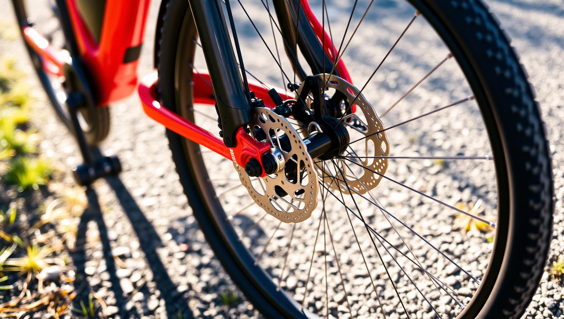 Close-up of a knobbly tyre, spoked wheel and hydraulic disc brake